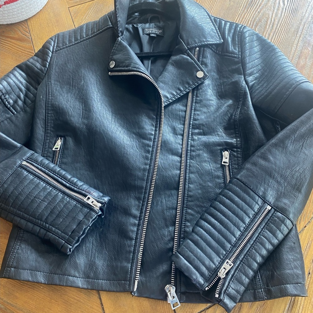 Topshop Black Moto Leather Jacket with Quilted Shoulders